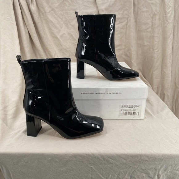 Good American Ankle Boot Women's 7 Black Patent Leather Square Toe Square Heel - Picture 2 of 8